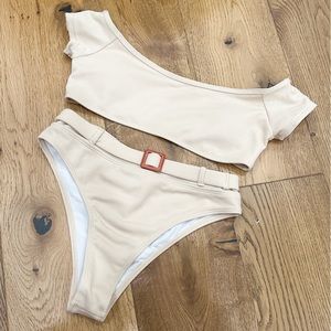 Off-the-Shoulder Ribbed Top & Belted Bottom Bikini, Sz L *NWOT*